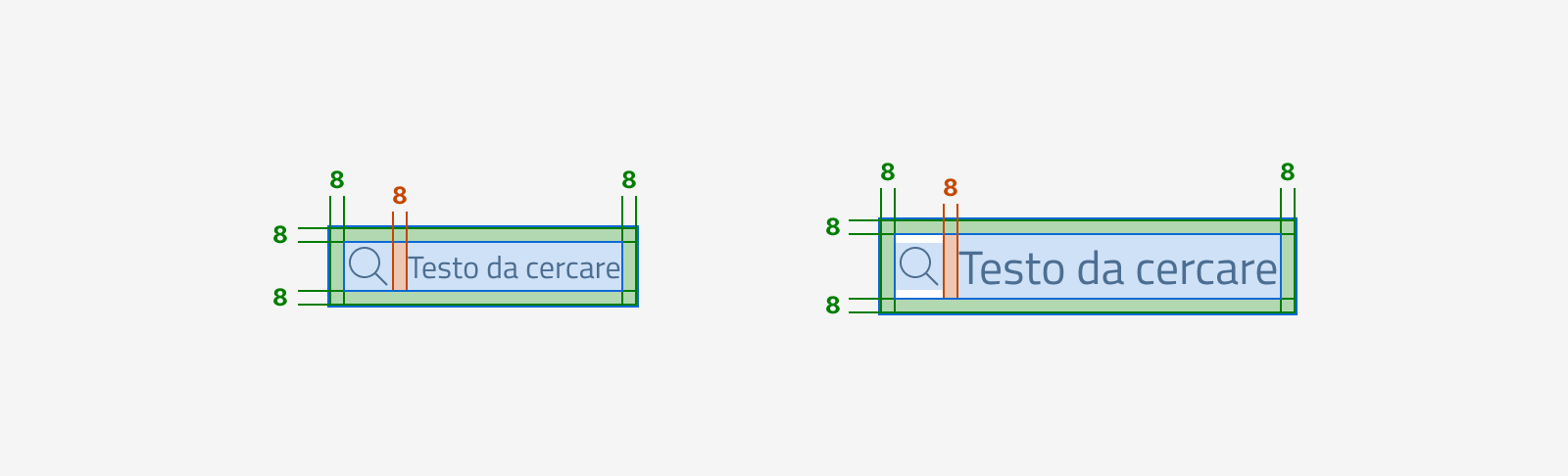 Specifiche di design di un input di tipo ricerca in dimensioni normale e grande